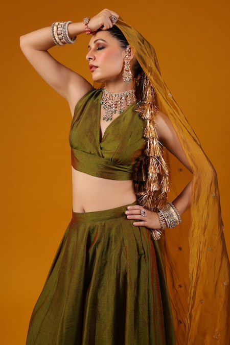 Baaro Masi_Green Silk, Cotton Sequins, Embroidery, Zari V-neck Border Lehenga Set _Online_at_Aza_Fashions