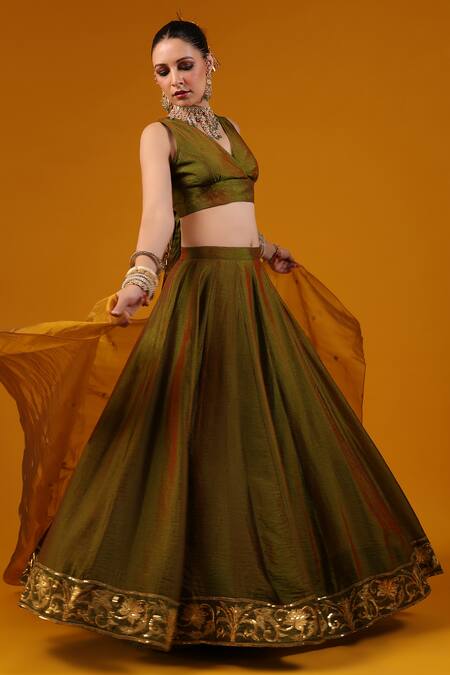Buy_Baaro Masi_Green Silk, Cotton Sequins, Embroidery, Zari V-neck Border Lehenga Set _Online_at_Aza_Fashions