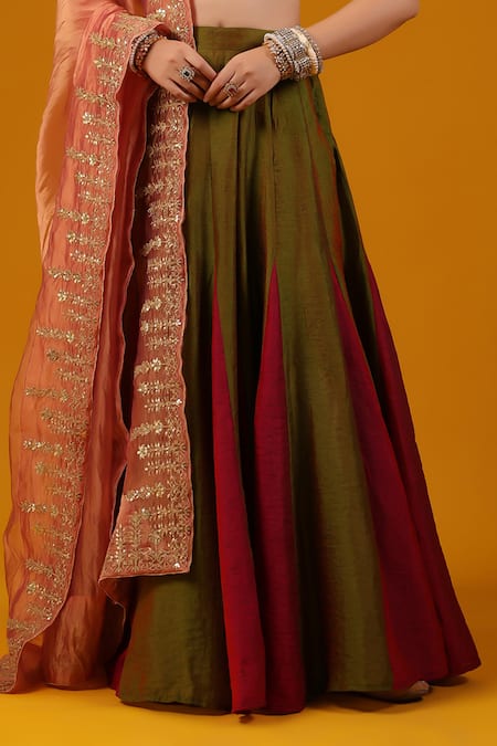 Shop_Baaro Masi_Magenta Silk, Cotton Sequins, Zari, Embroidery Sweetheart Dual Tone Lehenga Set _Online_at_Aza_Fashions