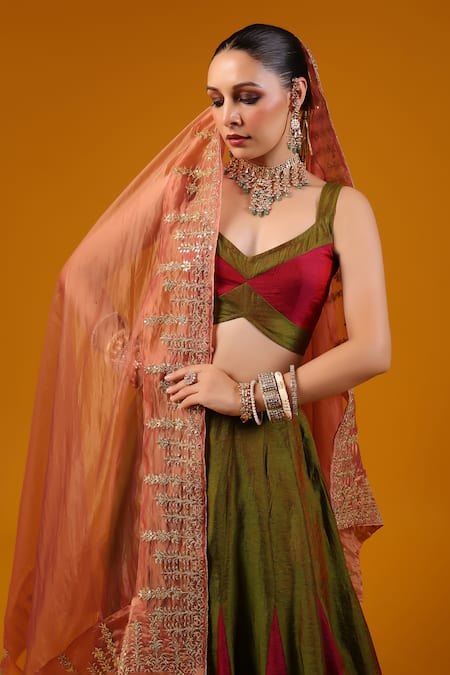 Baaro Masi_Magenta Silk, Cotton Sequins, Zari, Embroidery Sweetheart Dual Tone Lehenga Set _at_Aza_Fashions