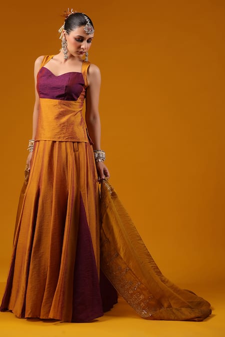 Baaro Masi_Gold Silk Sequins, Zari, Embroidery Sweetheart Color Block Kurta Lehenga Set _Online_at_Aza_Fashions