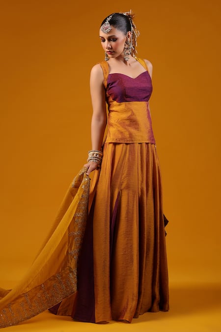 Buy_Baaro Masi_Gold Silk Sequins, Zari, Embroidery Sweetheart Color Block Kurta Lehenga Set _Online_at_Aza_Fashions