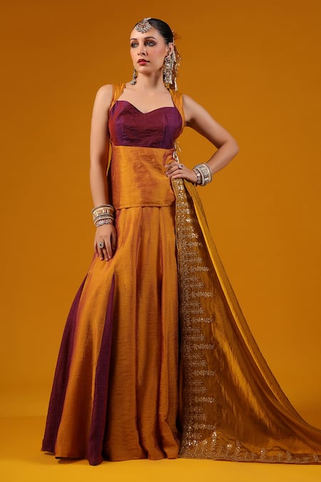 Shop_Baaro Masi_Gold Silk Sequins, Zari, Embroidery Sweetheart Color Block Kurta Lehenga Set _Online_at_Aza_Fashions