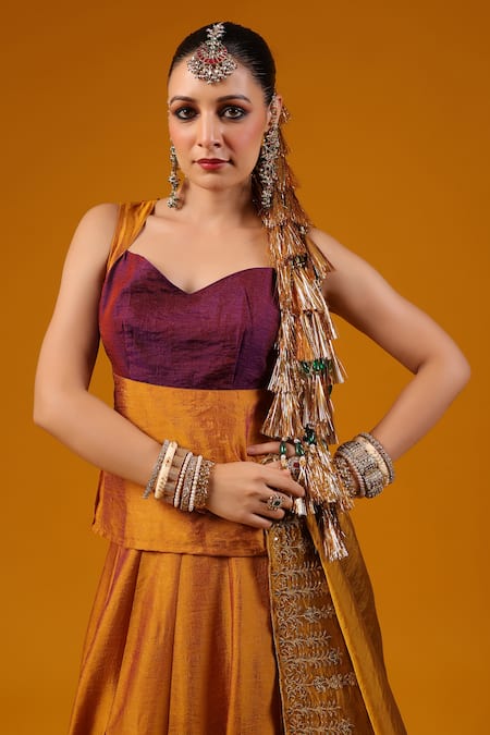 Baaro Masi_Gold Silk Sequins, Zari, Embroidery Sweetheart Color Block Kurta Lehenga Set _at_Aza_Fashions