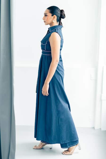 Nirmooha_Blue Denim Metro Classic Trench Coat Set _at_Aza_Fashions