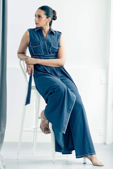 Buy_Nirmooha_Blue Denim Metro Classic Trench Coat Set 