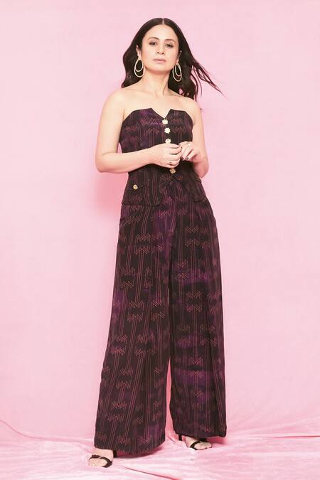 Shop_Nirmooha_Purple Crepe Bandeau Neck Plum Monogram Corset Set _Online_at_Aza_Fashions