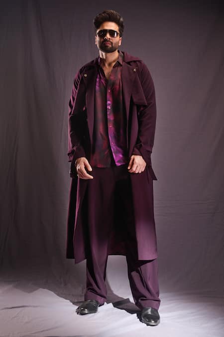 Nirmooha Plum Long Trench Coat & Pant Set 