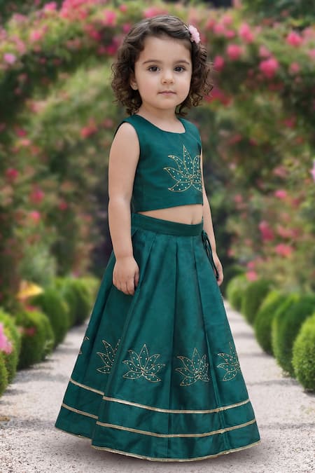 Buy_Maaikid_Pink Silk Zari, Beads, Embroidery, Tassels Ombre Woven Lehenga And Crop Top Set _Online_at_Aza_Fashions