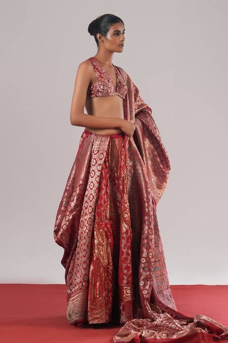 Urvashi Kaur_Red Brocade, Tussar, Tissue, Silk Zari, Embroidery Etoile Woven Flared Lehenga _Online_at_Aza_Fashions