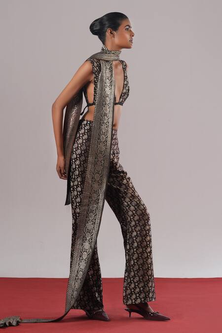 Urvashi Kaur_Black Brocade, Silk V-neck Athena Woven Bralette _Online_at_Aza_Fashions