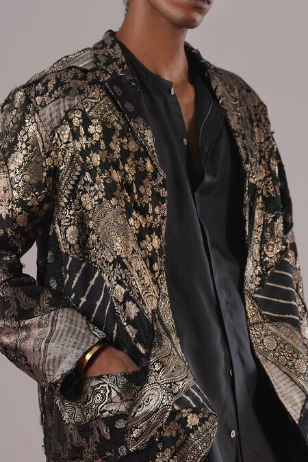Buy_Urvashi Kaur_Black Brocade, Silk Patchwork, Metallic Thread Hoshi Blazer _Online_at_Aza_Fashions