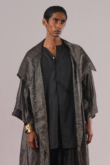 Urvashi Kaur_Black Tissue, Silk Zari Striped Pattern Jacket _Online_at_Aza_Fashions