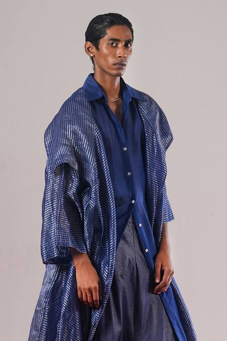 Urvashi Kaur_Blue Tissue, Silk Metallic Thread Striped Zari Jacket _Online_at_Aza_Fashions