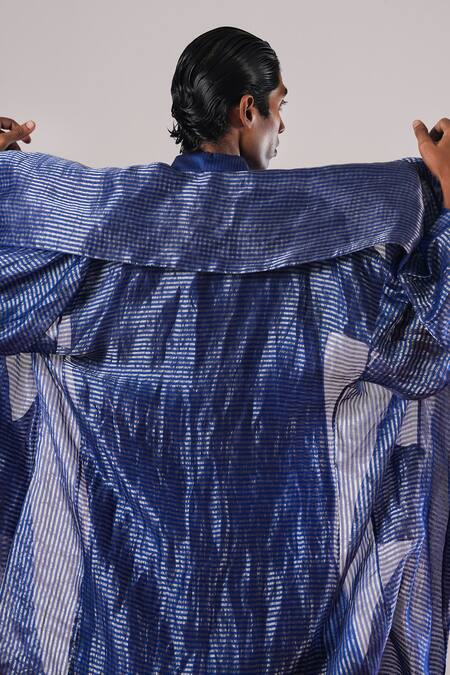 Buy_Urvashi Kaur_Blue Tissue, Silk Metallic Thread Striped Zari Jacket _Online_at_Aza_Fashions