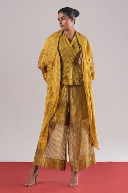 Urvashi Kaur_Green Tissue, Silk Zari Open Neck Variable Panelled Overlay Jacket _Online_at_Aza_Fashions