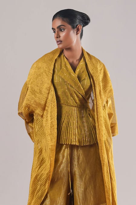 Shop_Urvashi Kaur_Green Tissue, Silk Zari Open Neck Variable Panelled Overlay Jacket _Online_at_Aza_Fashions