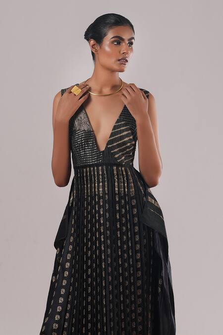 Urvashi Kaur_Black Brocade, Silk V-neck Tamma Pleated Dress _Online_at_Aza_Fashions