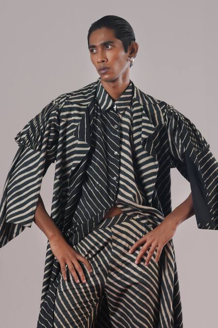 Urvashi Kaur_Black Linen, Silk Fleur Stripe Woven Trench Coat _Online_at_Aza_Fashions