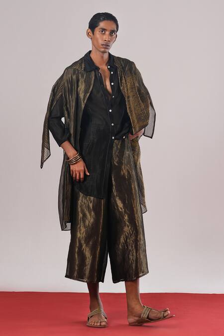 Buy_Urvashi Kaur_Gold Kota Doria, Cotton Zari Heiko Checkered Woven Farshi Pyjama _Online_at_Aza_Fashions