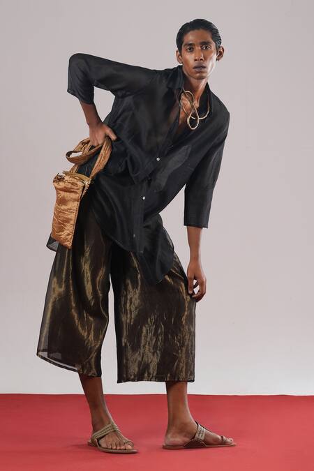 Shop_Urvashi Kaur_Gold Kota Doria, Cotton Zari Heiko Checkered Woven Farshi Pyjama _Online_at_Aza_Fashions