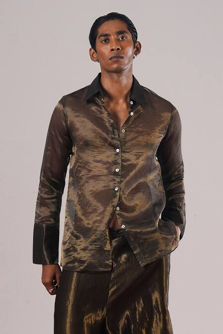 Urvashi Kaur_Black Tissue, Silk Lena Striped Woven Shirt _Online_at_Aza_Fashions