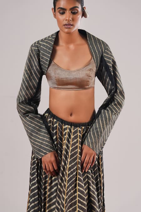 Urvashi Kaur_Black Tussar, Silk Zari Open Neck Leo Striped Pattern Bolero Jacket _Online_at_Aza_Fashions
