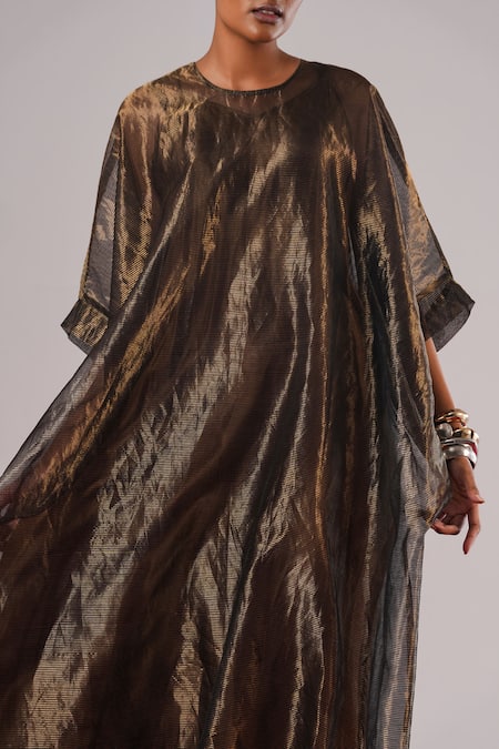 Buy_Urvashi Kaur_Black Tissue, Silk Zari Round Neck Yuki Textured Woven Midi Dress _Online_at_Aza_Fashions