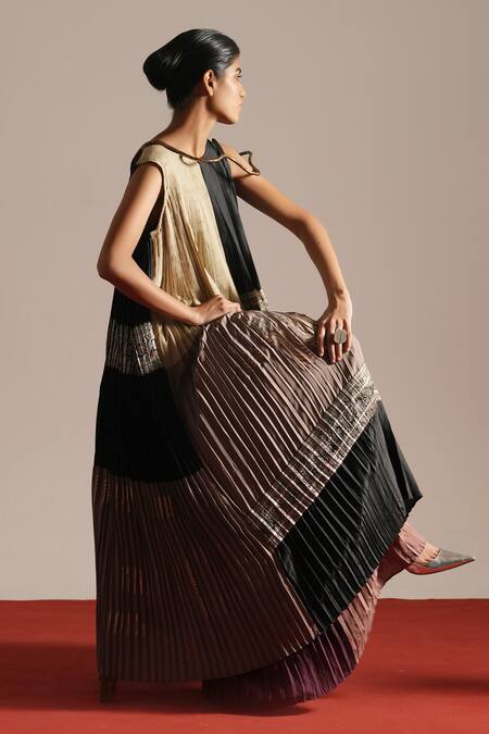 Shop_Urvashi Kaur_Black Brocade, Silk Foil Printing, Echo Block Printed Pleated Shift Dress _Online_at_Aza_Fashions