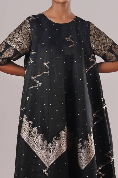 Shop_Urvashi Kaur_Black Brocade, Silk Metallic Thread, Foil Printing Suki A-line Midi Dress _Online_at_Aza_Fashions