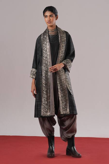 Shop_Urvashi Kaur_Black Silk Embroidery Open Neck Yoru Eri Chain Stitch Jacket _Online_at_Aza_Fashions