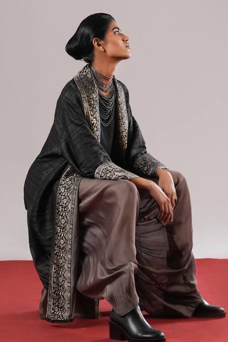 Shop_Urvashi Kaur_Black Silk Embroidery Open Neck Yoru Eri Chain Stitch Jacket 