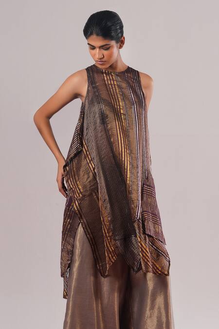 Urvashi Kaur_Purple Tissue, Silk Round Neck Michi Asymmetric Tunic _Online_at_Aza_Fashions
