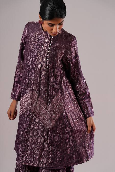 Urvashi Kaur_Purple Brocade, Silk Sequins Collared, Button-down Neck Woven Tunic _Online_at_Aza_Fashions