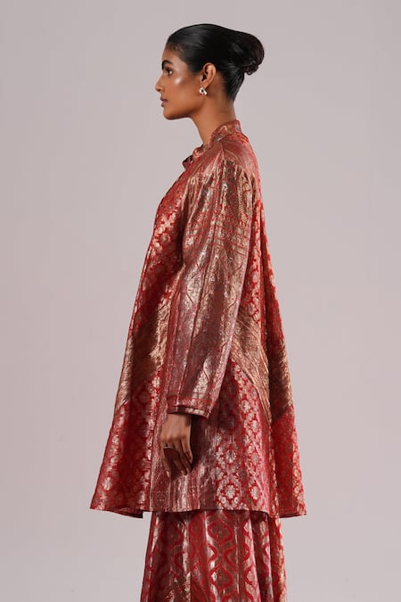 Buy Urvashi Kaur Red Brocade, Silk Zari Collared Woven Tunic Online at Aza Fashions Buy_Urvashi Kaur_Red Brocade, Silk Zari Collared Woven Tunic _Online_at_Aza_Fashions
