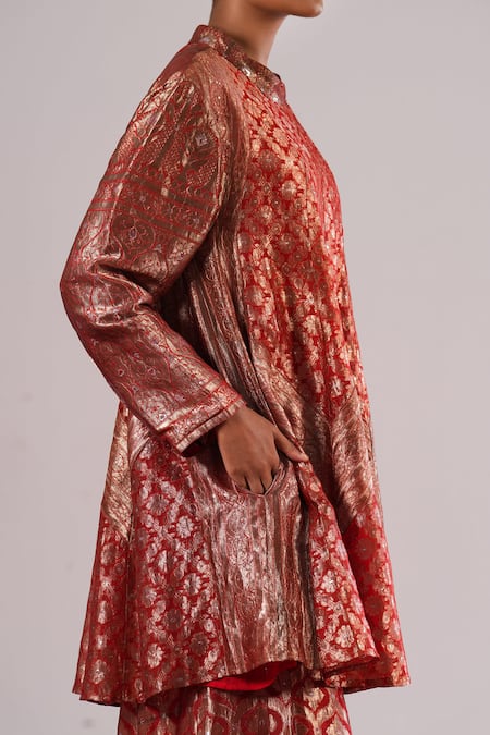 Shop Urvashi Kaur Red Brocade, Silk Zari Collared Woven Tunic Online at Aza Fashions Shop_Urvashi Kaur_Red Brocade, Silk Zari Collared Woven Tunic _Online_at_Aza_Fashions