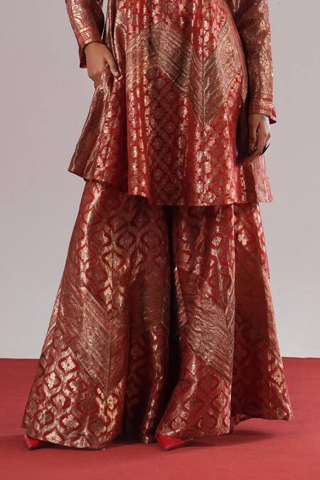 Urvashi Kaur_Red Brocade, Silk Zari, Embroidery Suki Woven Gharara _Online_at_Aza_Fashions