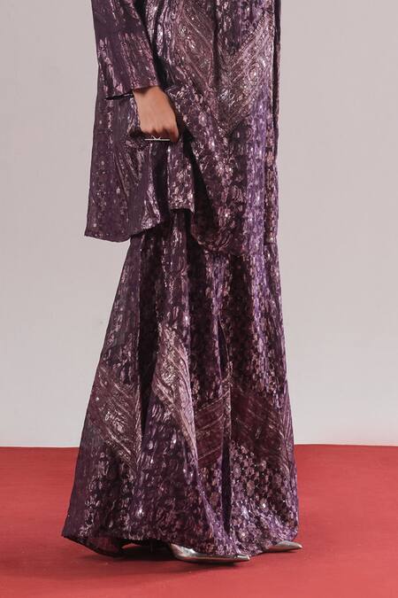 Urvashi Kaur_Purple Brocade, Silk Sequins, Embroidery Suki Woven Gharara _Online_at_Aza_Fashions
