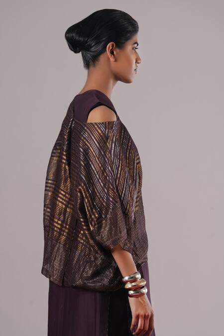Urvashi Kaur_Purple Tissue, Silk Metallic Thread Crew Neck Sei Handwoven Asymmetric Top _Online_at_Aza_Fashions