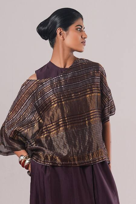 Buy_Urvashi Kaur_Purple Tissue, Silk Metallic Thread Crew Neck Sei Handwoven Asymmetric Top _Online_at_Aza_Fashions
