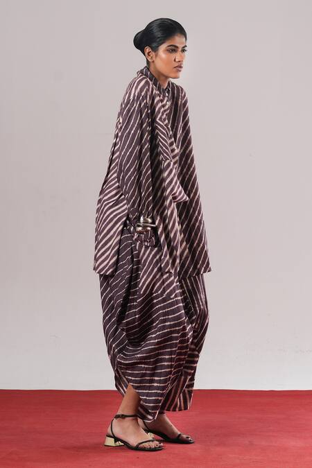 Urvashi Kaur_Purple Tussar, Silk Mandarin Collar Shibui Stripe Woven Shirt _Online_at_Aza_Fashions