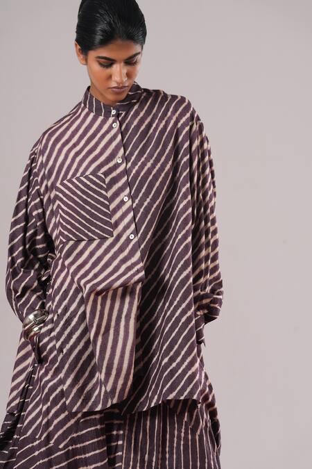 Buy_Urvashi Kaur_Purple Tussar, Silk Mandarin Collar Shibui Stripe Woven Shirt _Online_at_Aza_Fashions