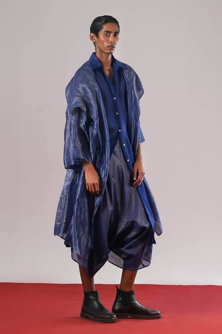 Buy_Urvashi Kaur_Blue Tissue, Silk Denote Handwoven Dhoti Pant _Online_at_Aza_Fashions