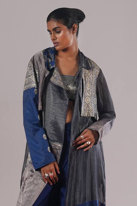 Urvashi Kaur_Blue Brocade, Silk, Tissue Metallic Thread, Zari Patchwork Woven Trench Jacket _Online_at_Aza_Fashions