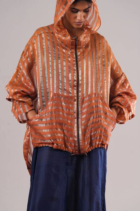 Urvashi Kaur_Orange Tissue, Silk High Neck Klara Striped Pattern Oversized Hoodie Jacket _Online_at_Aza_Fashions
