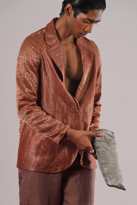 Urvashi Kaur_Orange Tissue, Silk Sleet Striped Pattern Single Breasted Blazer _Online_at_Aza_Fashions