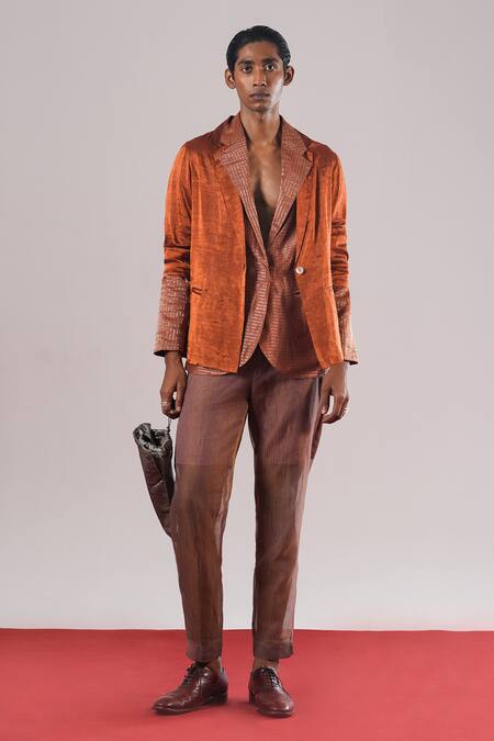 Shop_Urvashi Kaur_Orange Tissue, Silk Sleet Striped Pattern Single Breasted Blazer _Online_at_Aza_Fashions