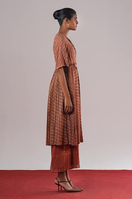 Urvashi Kaur_Brown Kota Doria V-neck Continuum Zari Striped Pleated Dress _Online_at_Aza_Fashions