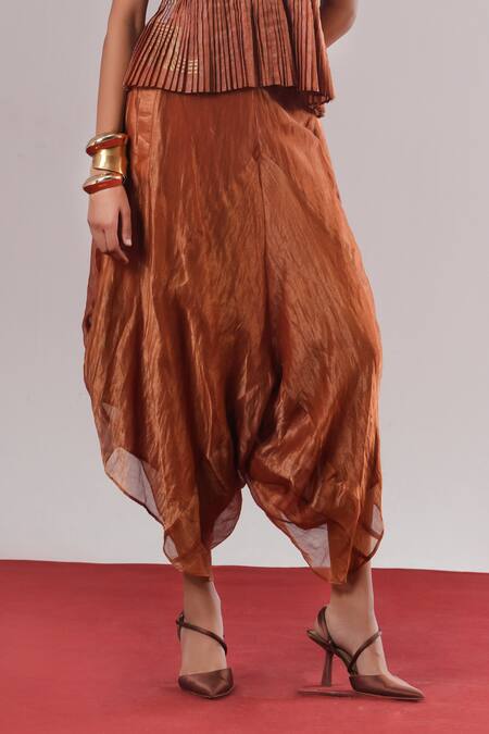 Urvashi Kaur_Orange Tissue, Silk Draped Thin Stripe Lounge Pant _Online_at_Aza_Fashions