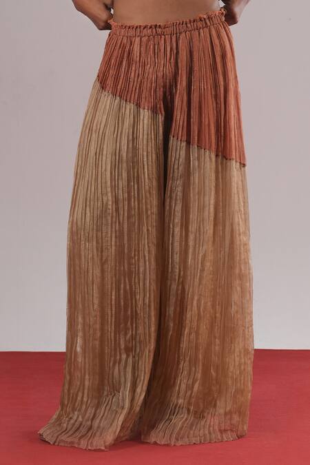 Urvashi Kaur_Orange Kota Doria, Silk Color Block Pleated Pant _Online_at_Aza_Fashions